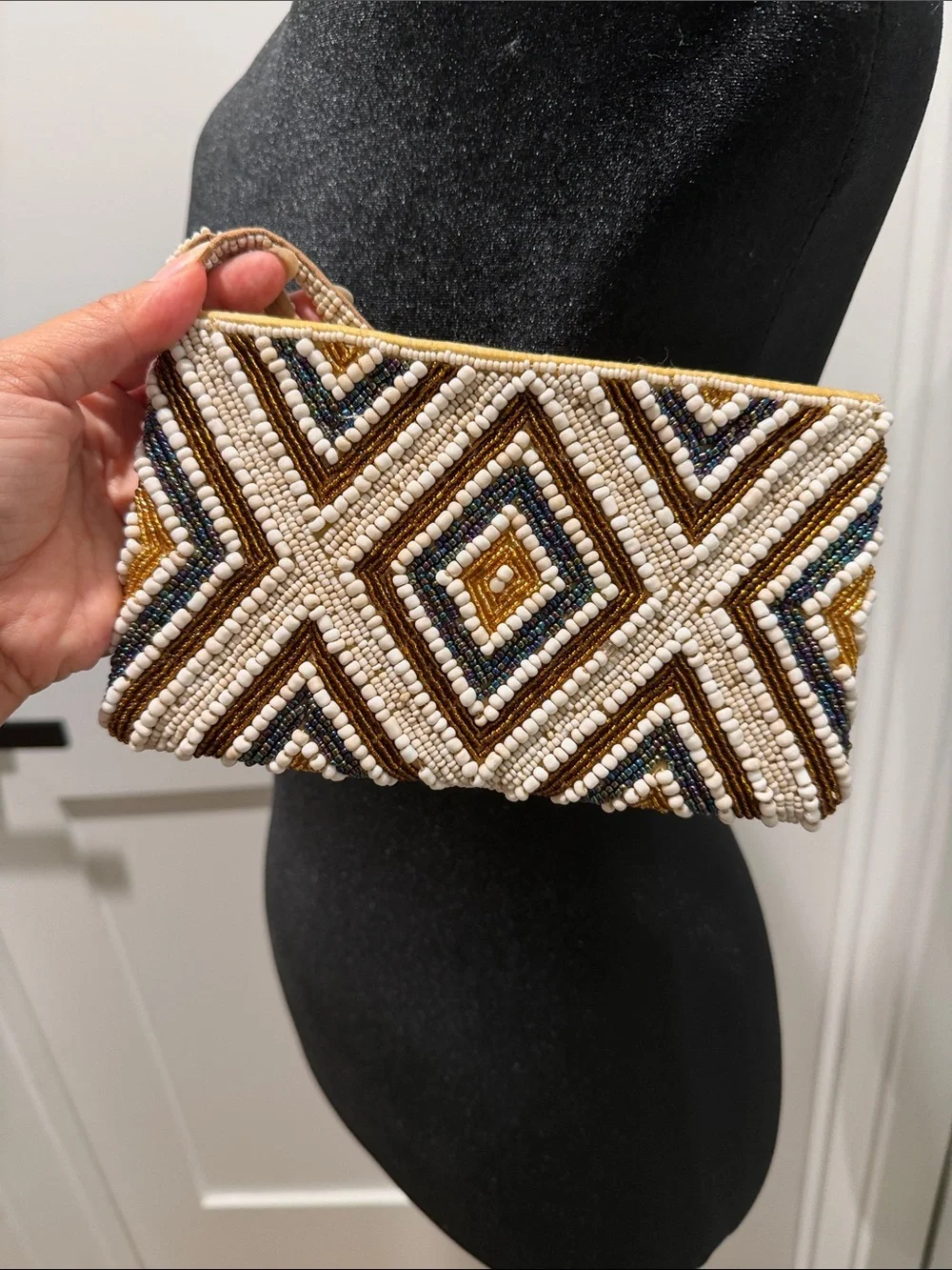 Beaded Geometric Wristlet Clutch in White, Brown & Gold